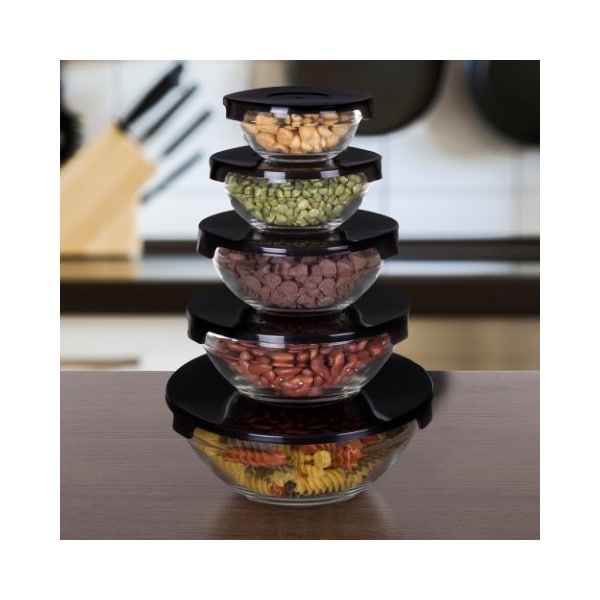 10-piece Glass Food Storage Containers With Snap Lids, Bowl Sizes For Storage,Mixing,Serving (Black)